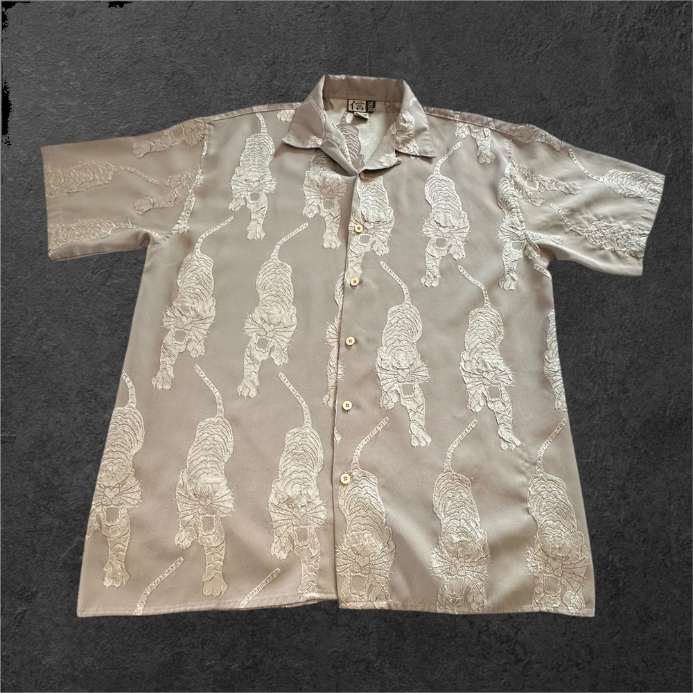 TRUST Korea Tiger Jacquard Shirt Mens L Grey‎ Short Sleeve Button Down EUC